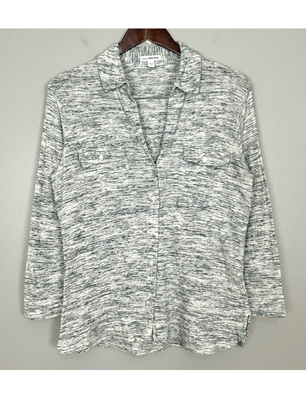James Perse Sheer Slub Knit Shirt Women’s Size M Space Dye Light Gray Pockets